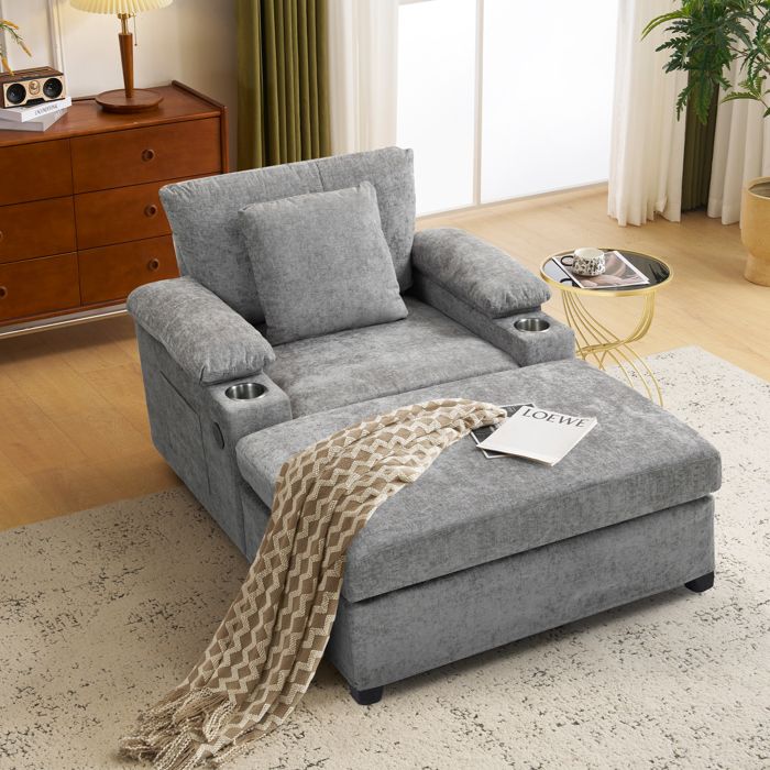 Fauteuil lounge XXL 148x98x83 cm porte-gobelets port USB accoudoir avec rangement mousse haute densité en chenille gris