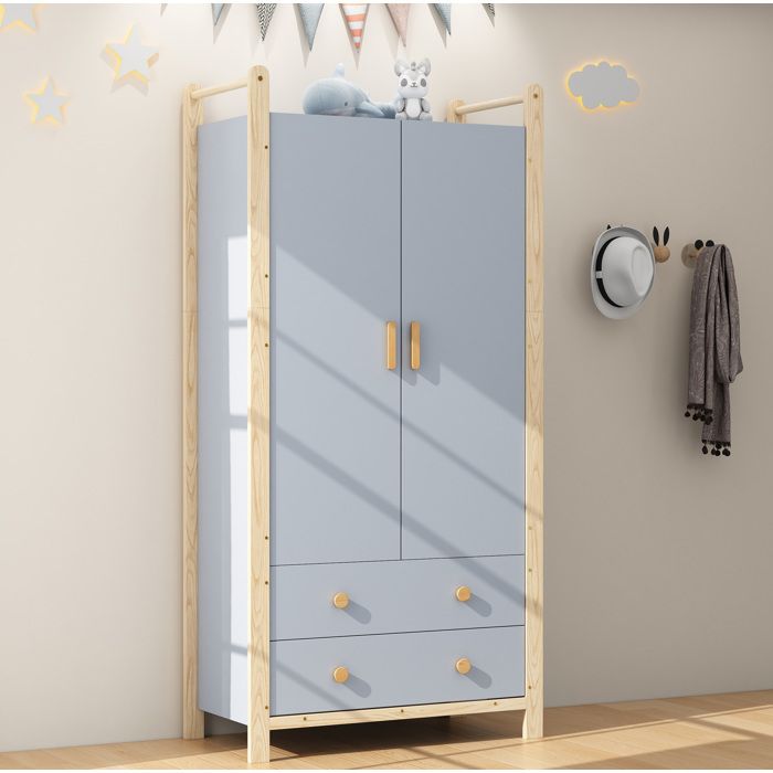 Armoire 2 Portes Bleue 2 Tiroirs Penderie Moderne FloraGrace Pour Chambre Ou Entrée Avec Tringle Intégrée 89 6x44x180 5cm