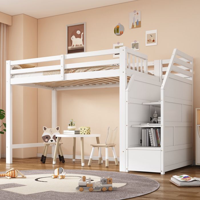 Lit mezzanine 90x200 cm en pin blanc escalier rangement barrière espace ouvert certifié EN747 sommier inclus
