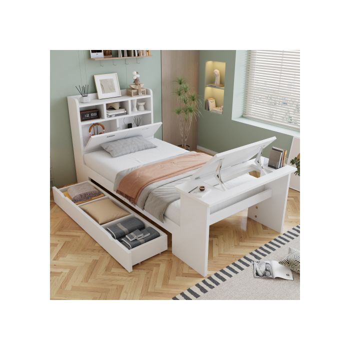 Lit Coffre Rembourré - WESTYLE - 90x200 cm - Tête de lit étagère - Tiroir de rangement - Table pliante 12 positions
