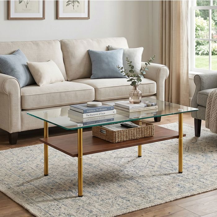 MEUBLIV Table basse rectangulaire en verre et MDF structure métallique dorée aspect bois