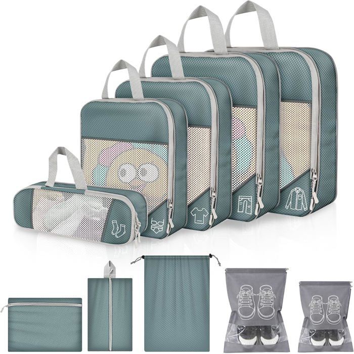 Lot de 10 organisateurs valise compression gris packing cubes maille sacs rangement voyage avec chaussures et accessoires