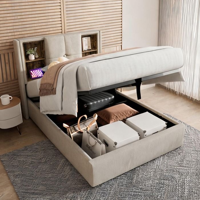 Lit 1 place 90x200 cm en lin naturel avec rangement coffre charge sans fil et ports USB-C/USB
