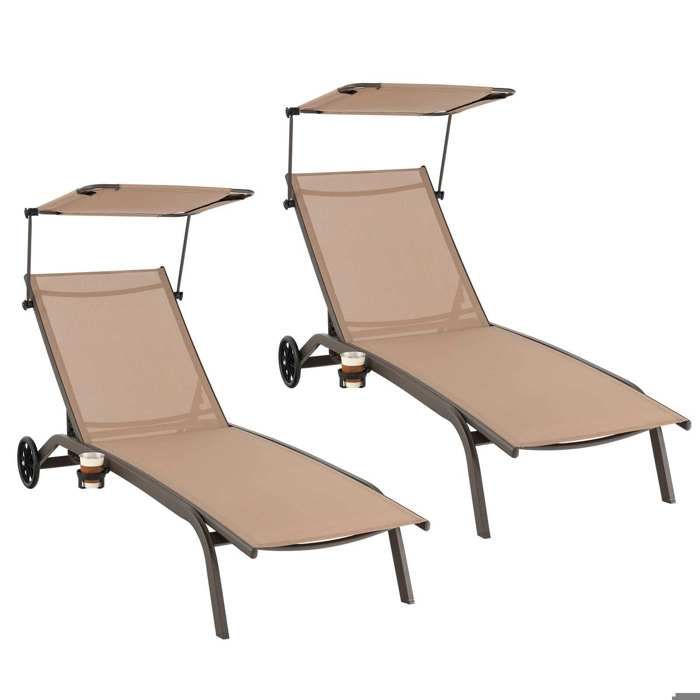Lot de 2 bains de soleil avec pare-soleil dossiers 6 positions et roulettes pour jardin terrasse ou piscine