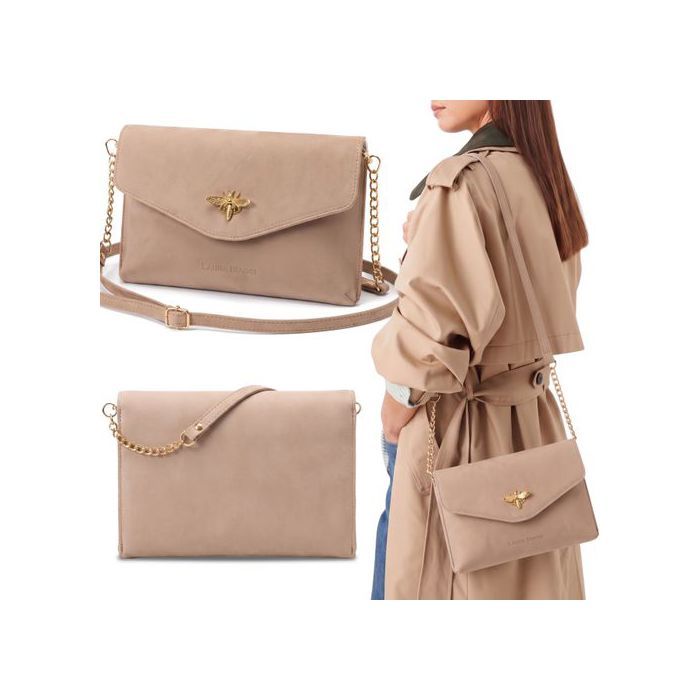 Laura Biaggi sac à main femme beige en daim pochette avec bandoulière RÉGLABLE élégante 27x17x4cm