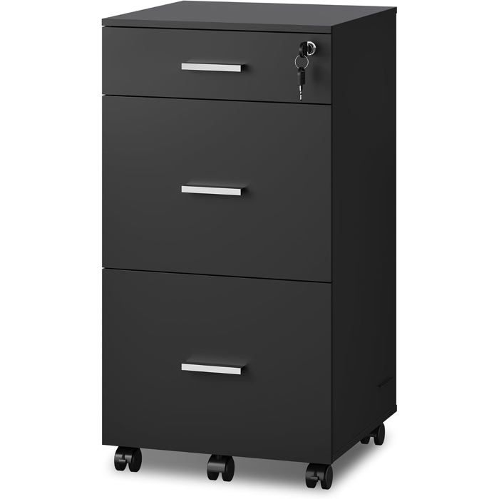 DEVAISE Caisson de Bureau 3 Tiroirs Verrouillable Meuble avec Support Imprimante Noir