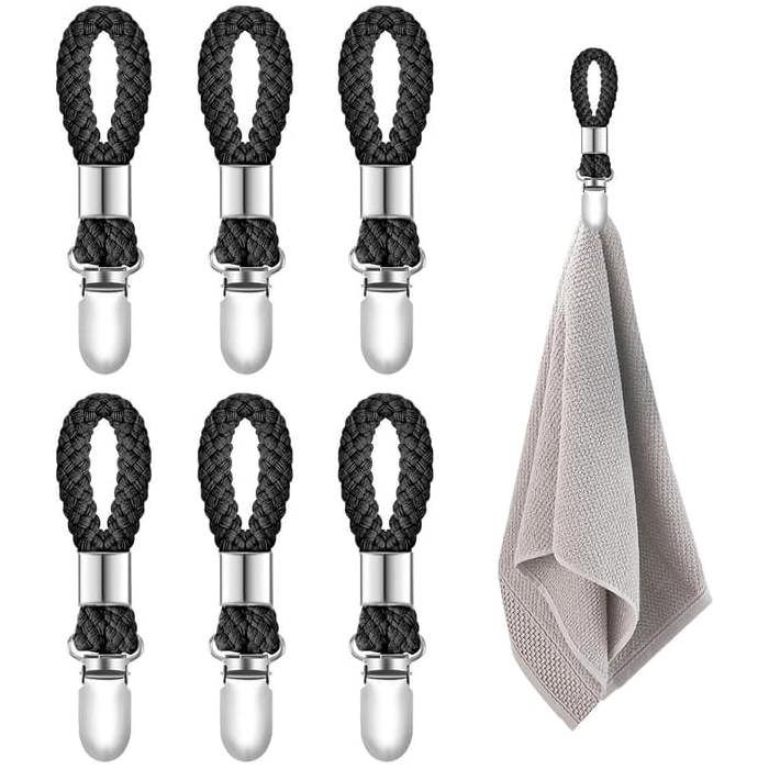 Pinces porte-serviettes métalliques pour torchons et essuie-mains boucle en coton tressé lot de 6 noir