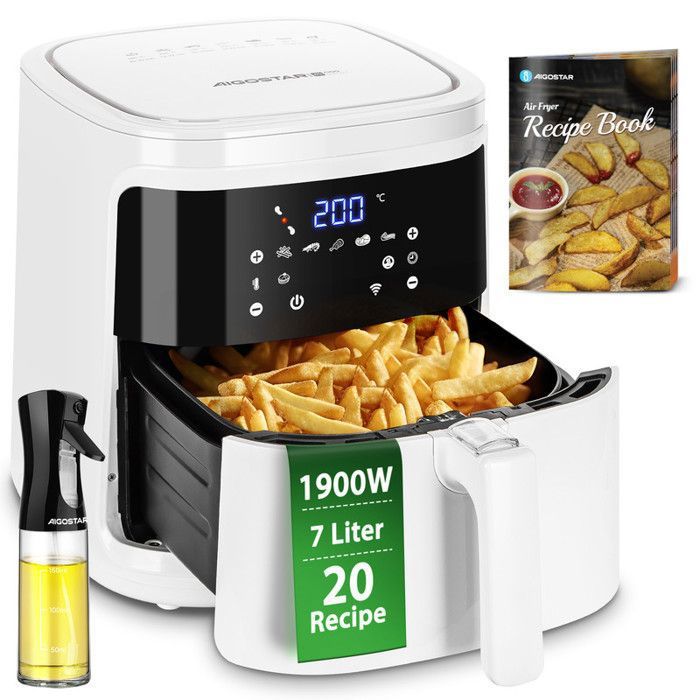 Aigostar Cube White - Friteuse à air chaud 0% BPA. Grande capacité 7L, 7 programmes + maintien au chaud. Livre 20 recettes inclus.