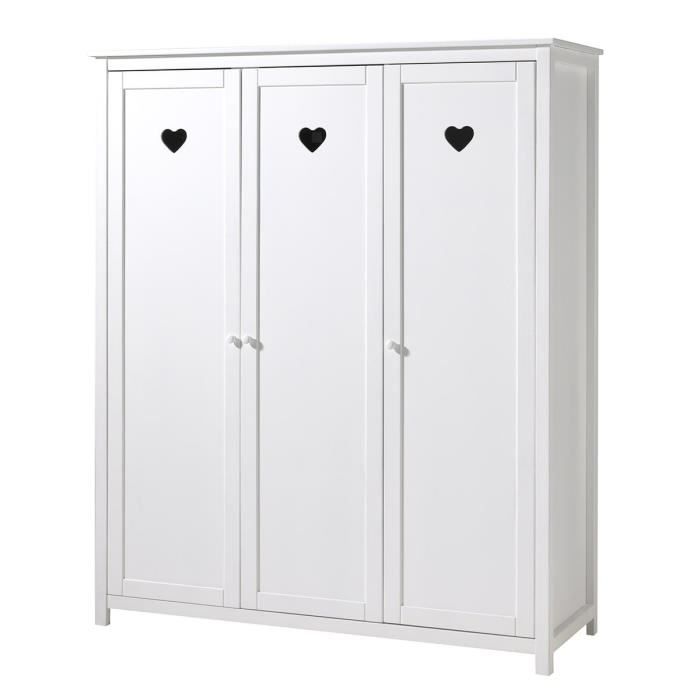 milady - armoire 3 portes blanche motifs coeurs ajourés 3 portes