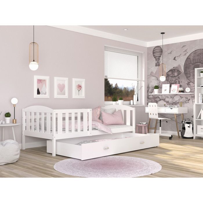 Lit enfant T&eacute;o 90x190 blanc blanc livr&eacute; avec tiroir, sommier et matelas en mousse de 7cm offert