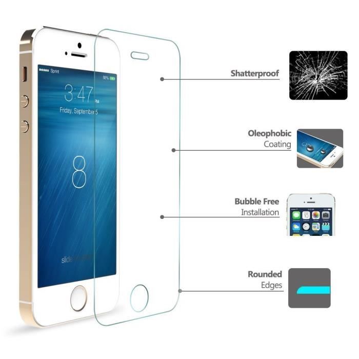 Films de Protection écran en Verre Trempé pour iPhone 5/5S/5C 4.0 Pouce INRAYABLE et ULTRA RÉSISTANT INDICE Dureté 9H