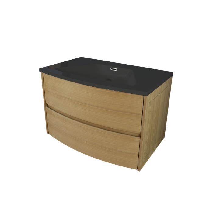Meuble Salle De Bain Frene 80 Cm Avec Vasque Resine Noire Tiga Cdiscount Maison