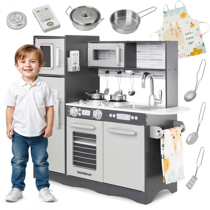 Mamabrum Cuisine Enfant En Bois Éclairage LED XXL 92 x 30 x 82,5 CM  Ustensiles Tablier Frigo Micro-ondes Plaque Certifiée CE \u0026 EN - Cdiscount  Jeux - Jouets