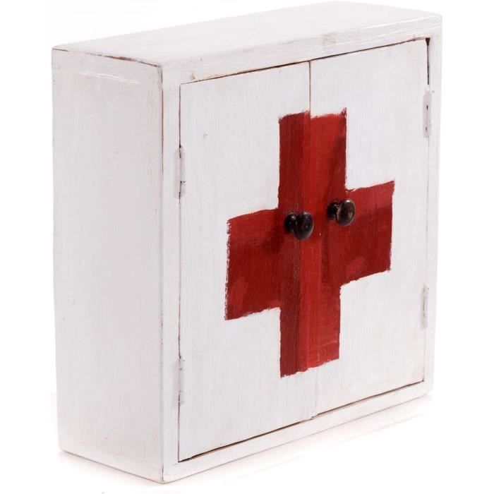 armoire à pharmacie vintage en bois recyclé massif - premier secour - medic 35x13cm - blanc