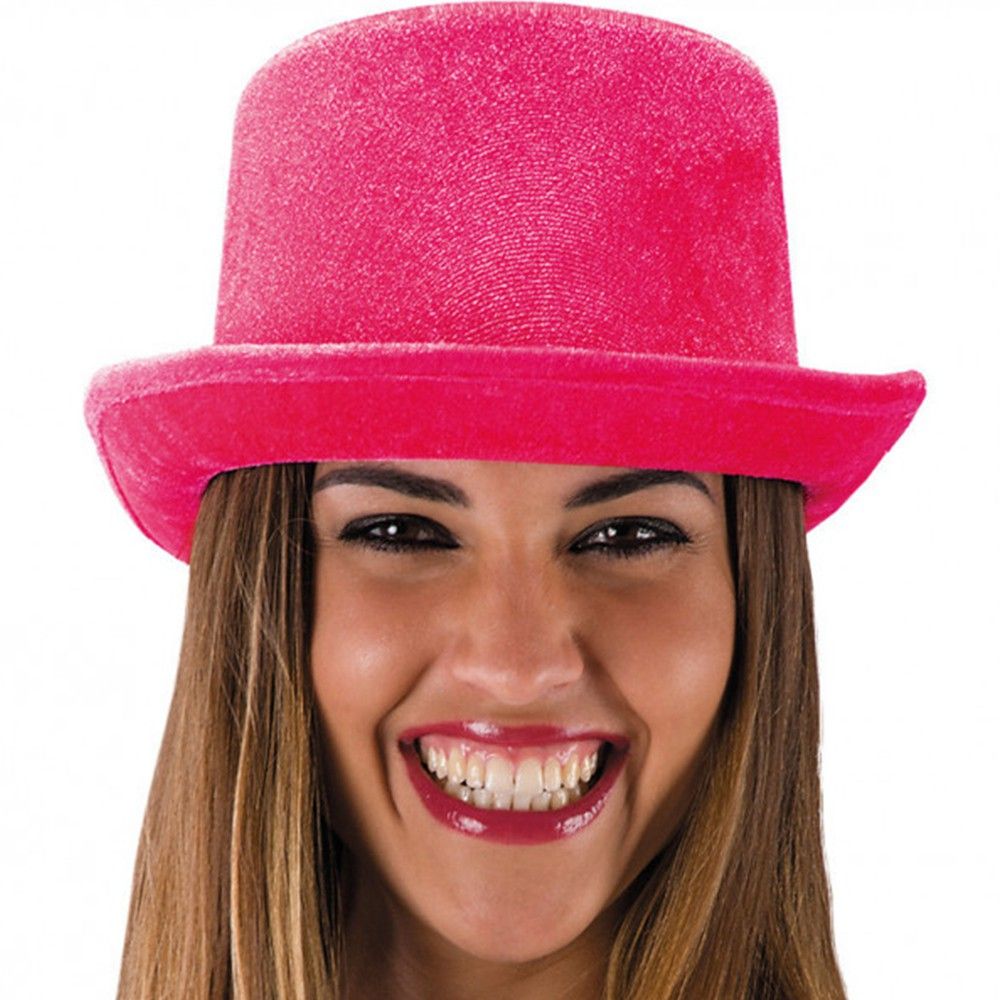Chapeau haut de forme velours fluo rose - Accessoire de