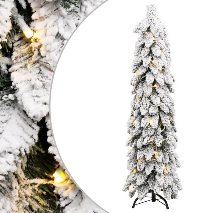 Sapin De Noël Artificiel Floqué Neige 150 Cm - 100 LED Blanc Chaud - USB - Support Métal - Dépliable - 7