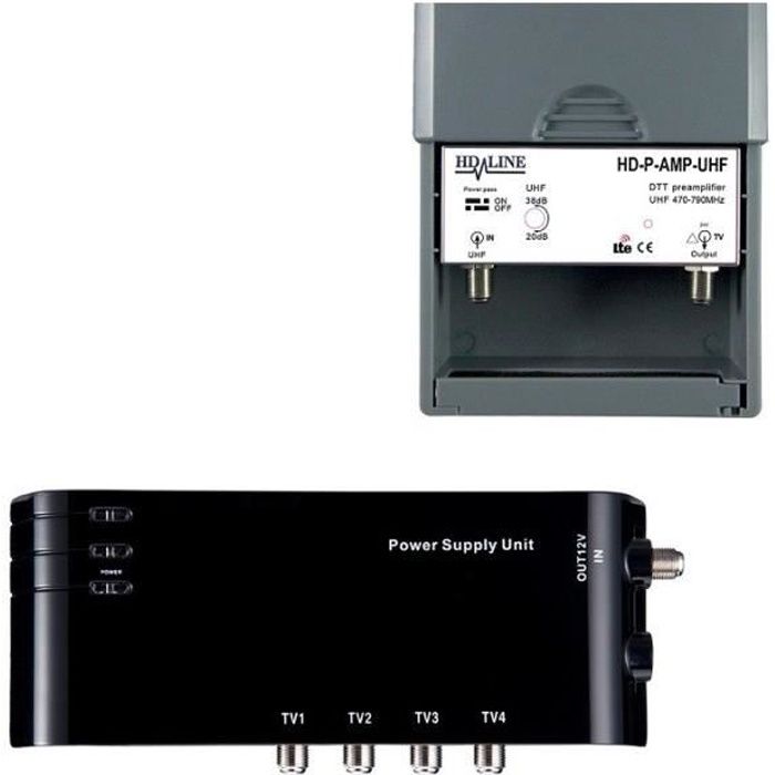 HD-Line HD-12-AMP-I Amplificateur terrestre TNT 2 Voies UHF VHF Gain 25 DB Noir 