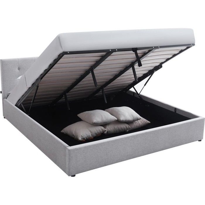 Lit coffre adulte 180x200 cm avec tête de lit matelassée en tissu gris et sommier - Tina