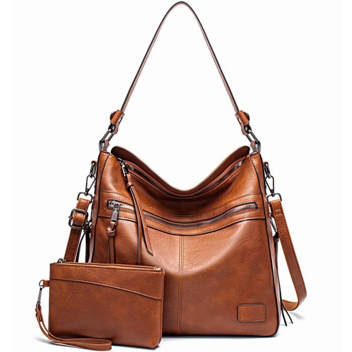 2psc Sac Cabas Femme Grande Capacit?� Sac a Main Bandouli?�re en Souple PU Cuir Luxe (Camel 