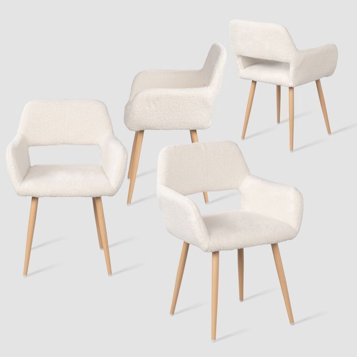 MEUBLES COSY Lot de 4 fauteuils de salle à manger scandinaves avec accoudoirs tissu mouton bouclette beige - CROMWELL