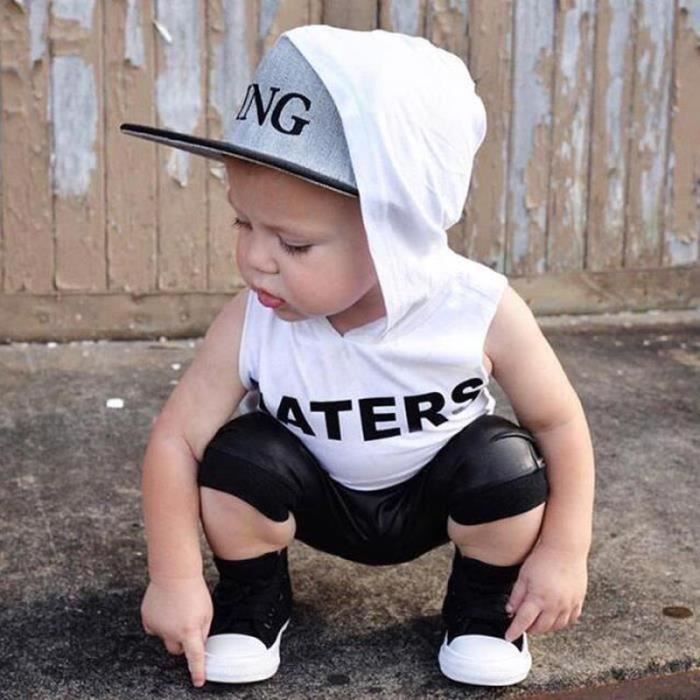 ENSEMBLE DE VETEMENTS 1 5 Ans Bebe Enfant Garcon Cool 2 PCS Ensemble de Vetement Debardeur a Capuche Blanc Pantacourt Noir