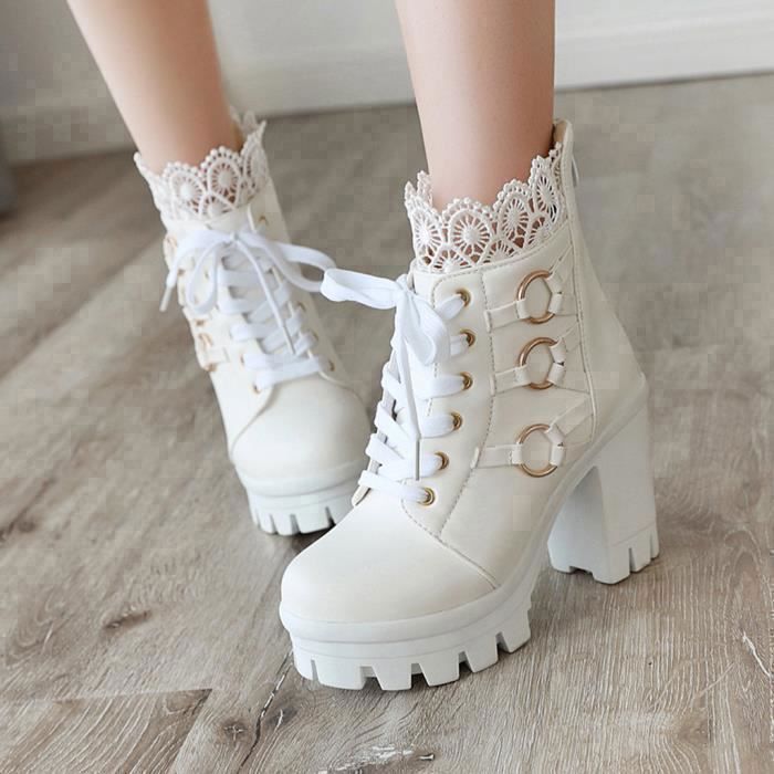 Bottines talons hauts en dentelle pour femmes Blanc Achat