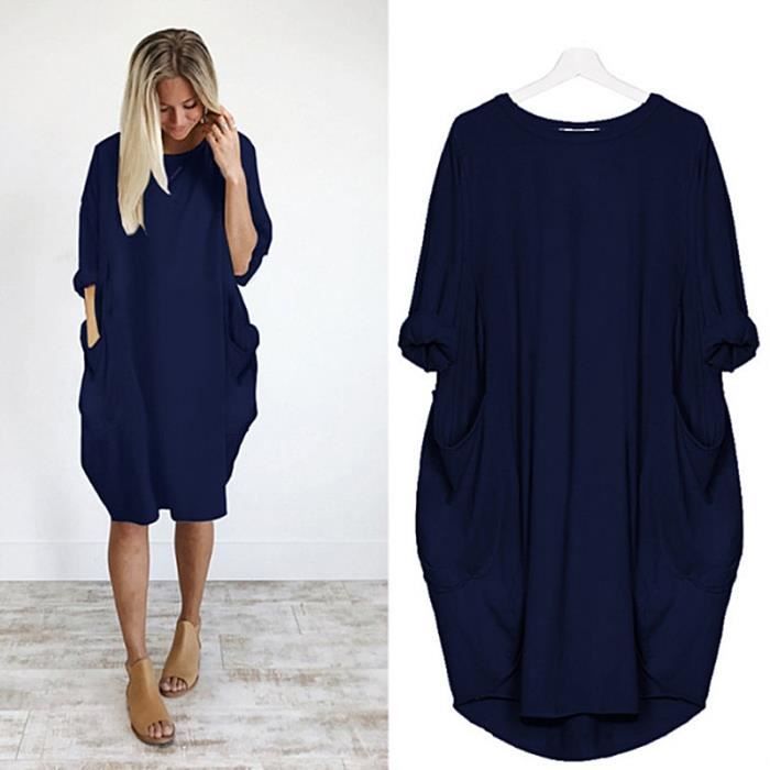Robe Grande taille robe ample femmes imprime papillon avec poche a manches longues col rond longue partie Club Type D002 Blue Blanc Cdiscount Pret a Porter