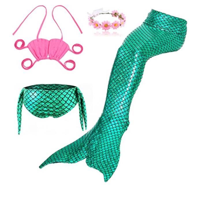 Ensemble Maillot De Bain Sirène 3 Pièces Pour Fille - Bikini + Queue Décorative - Anti-UV, Fermeture Éclair - 12