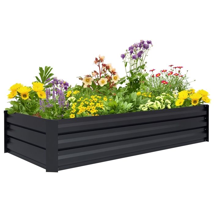 Jardinière Outsunny rectangulaire potager de jardin bac à fleurs en acier avec bordure de sécurité et fond ouvert noir