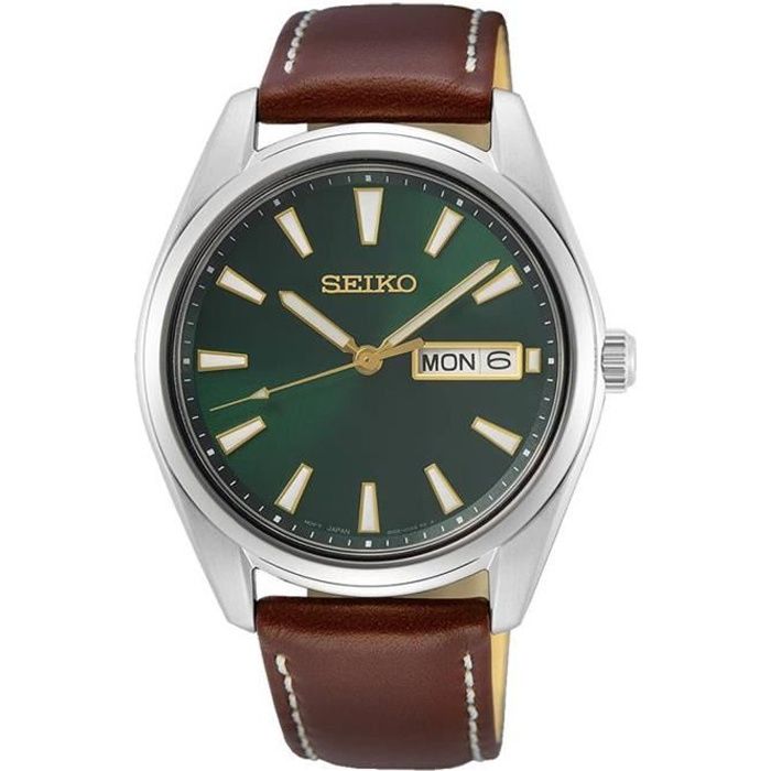 bracelet cuir / tissu homme - seiko - montre seiko classique cadran vert cuir marron - couleur de la matière:blanc
