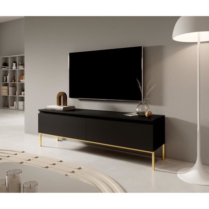 Meuble TV - BEMMI - 150 cm - noir avec pieds dorés