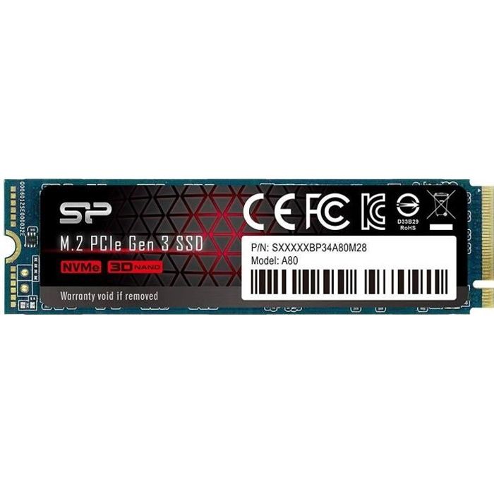 Disque SSD M.2 NVMe PCIe Gen 3x4 , 1To , Serie P34A80 , Vitesse de lecture 3400 Mo/s - SILICON POWER