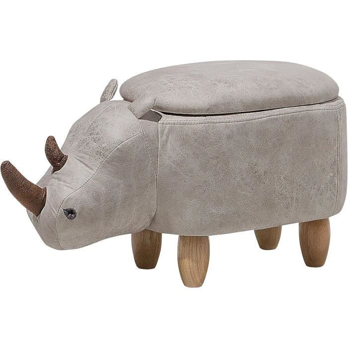 Pouf Enfant Rhinocéros 35cm - Tabouret Rangement Marron Cuir PU - Pieds Bois - Décoration Chambre