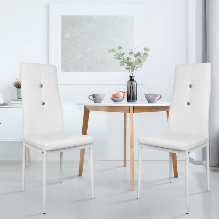 willonin® lot de 2 chaises de salle à manger, dossier à strass et assise recouverte de similicuir blanc, pieds robuste en métal