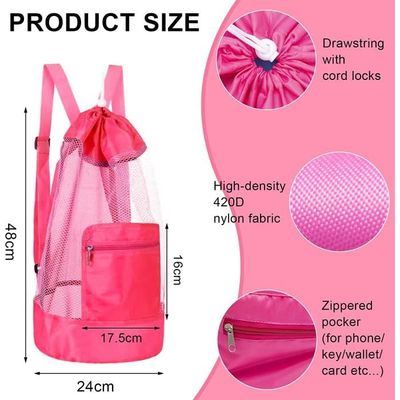 Sac de rangement de plage portable en maille avec cordon de serrage pour l'été, l'extérieur, la plage, le rangement des jouets (rose