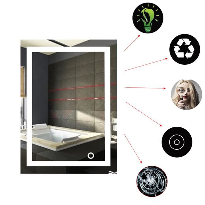 Miroir LED Mural Roma + TOUCH - Interrupteur Tactile, Sur Mesure, Design Moderne Pour Salle De Bain