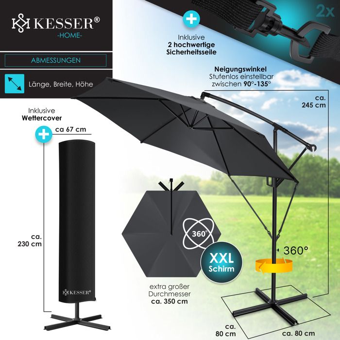 Parasol Rectangulaire KESSER 250x125cm - Housse 2en1 Et Sac Transport - Inclinable 45° - UV Protection - Pour Jardin Et Terrasse