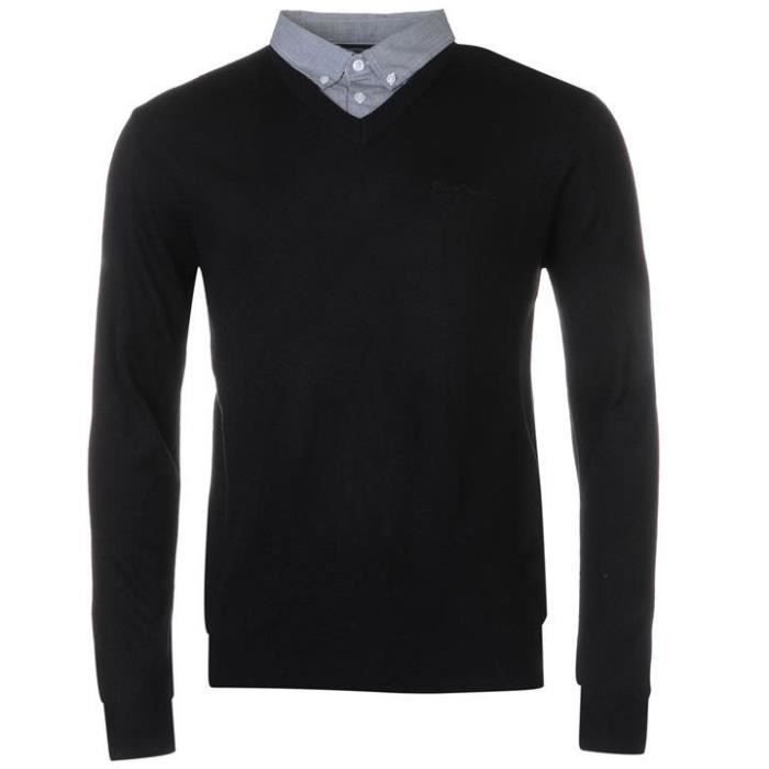 PIERRE CARDIN PULL HOMME NOIR FAUX COL CHEMISE EN V DU S AU XXXXL