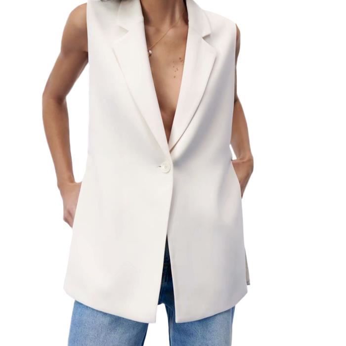 Blazer sans Manche Femme YOUCAI Blanc Col en V Fente
