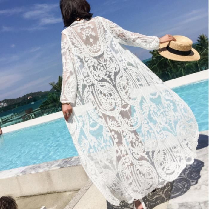 Robe de plage Robe plage dentelle blanche Maxi manches longues Cover Up Sexy transparent style Boho vetements plage Length 120cm Blanc Cdiscount Pret a Porter