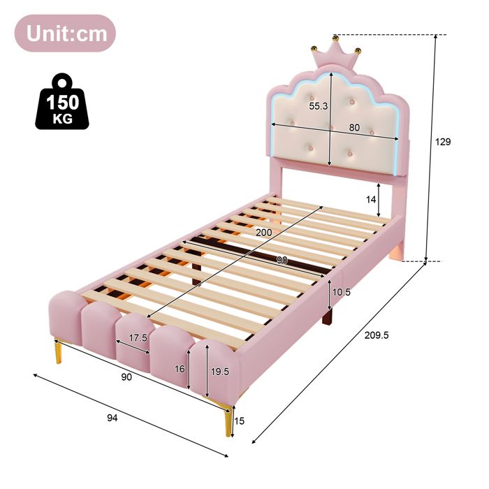 LIVLUX Lit Rembourré 90 X 200 Cm, Lit Princesse LED Réglable Et Sommier à Lattes, Design Forme Couronne Pour Enfants Et Adolescents (Rose, 90 X 200 Cm