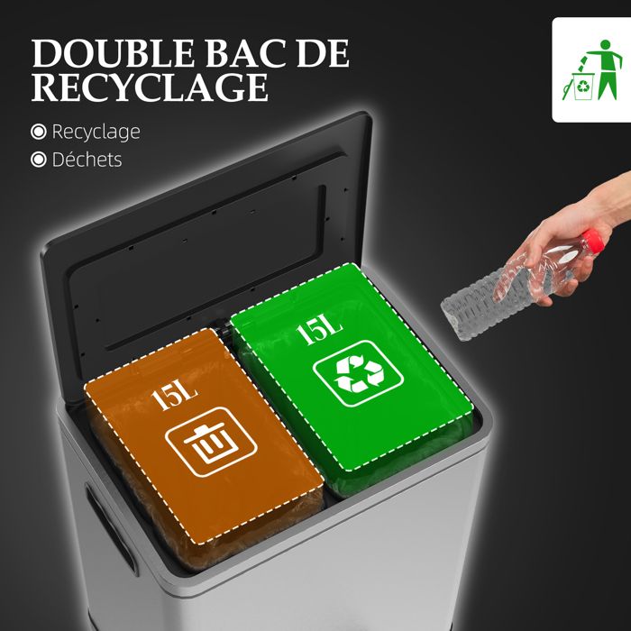 HOMCOM Poubelle de cuisine 2 x 30L avec pédale en acier inoxydable, 2