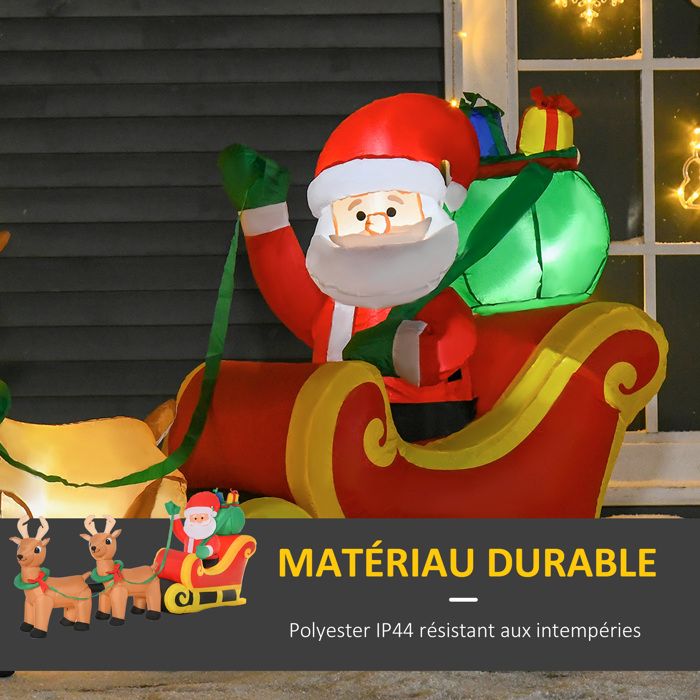 Père Noël Gonflable Lumineux HOMCOM 240x57x112 Cm - Avec Traîneau, Rennes, Hotte, LED, Pour Intérieur/extérieur