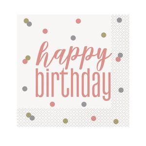 Or Rose Glitz Joyeux Anniversaire Serviettes-Pack de 16