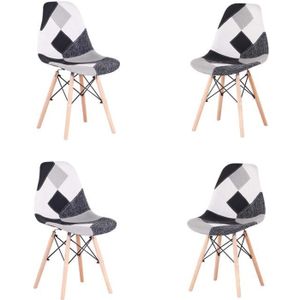 Lot de 4 chaises en tissu patchwork et métal noir - avec accoudoirs - noir  & blanc LIFE