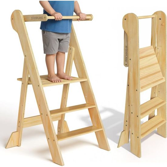 Tour D'observation Montessori Pliable COSYLAND - Réglable En Hauteur, Support 50 Kg, Avec Filet De Sécurité - Pour Enfant Dès 1 An (bois Clair)