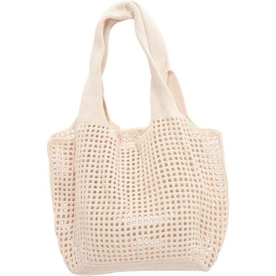 Set 2 Sacs - 1 Sac Tricoté Grand Modèle + 1 Petit Sac Toile - Tissé Creux - Pour Plage, Courses, Rangement - Couleur Crème