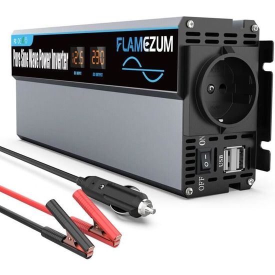 Onduleur Pur Sinus 1800W/3600W 12V Vers 230V - Prise EU + USB + Écran LCD - Pour Voiture, Camping, Caravane, Panneaux Solaires