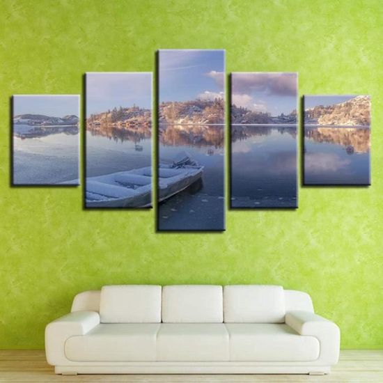 Décoration Murale Impression HD Photo décor 5 pièces Bateau Montagne lac Naturlar Paysage Toile peintures avec Cadre 150x80cm A771