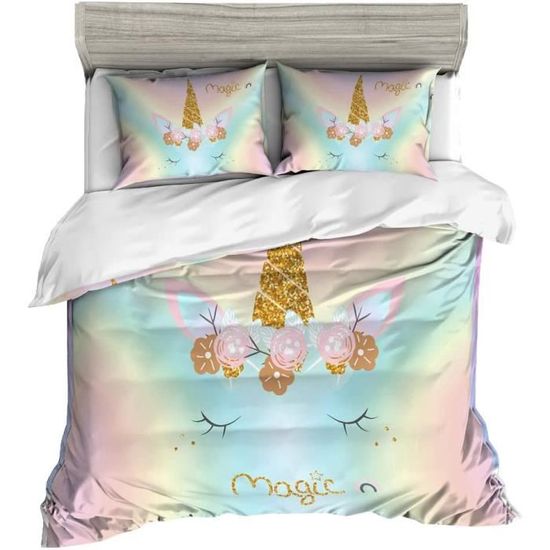Drap-Housse Licorne Et Arc-en-Ciel - Taille 1 Personne (90x190 Cm) - 52% Polyester, 48% Coton